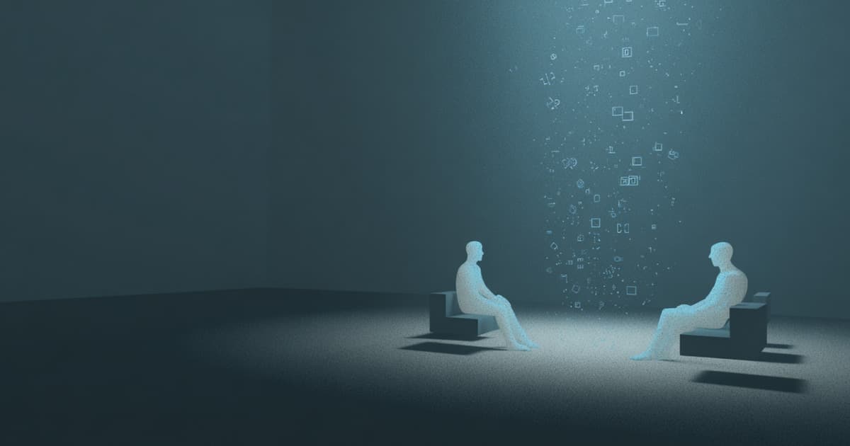 Two abstract human-like figures seated across from each other in a minimalist room, with glowing geometric symbols floating upward between them, symbolising a dialogue about APL concepts.