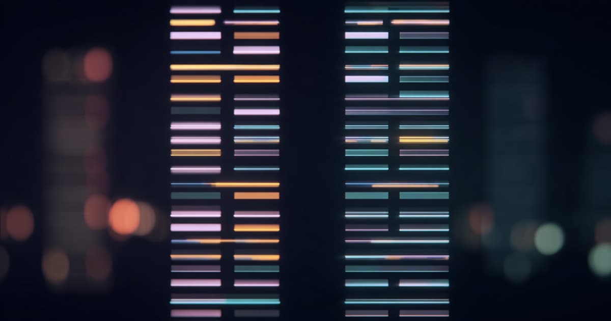 Two side-by-side columns of colourful horizontal bars on a dark background, rows lining up to represent aligned diff output.