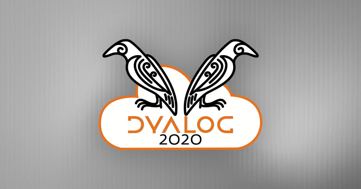 The Dyalog 2020 logo featuring two stylised black birds perched on an orange cloud outline with "Dyalog 2020" text inside.