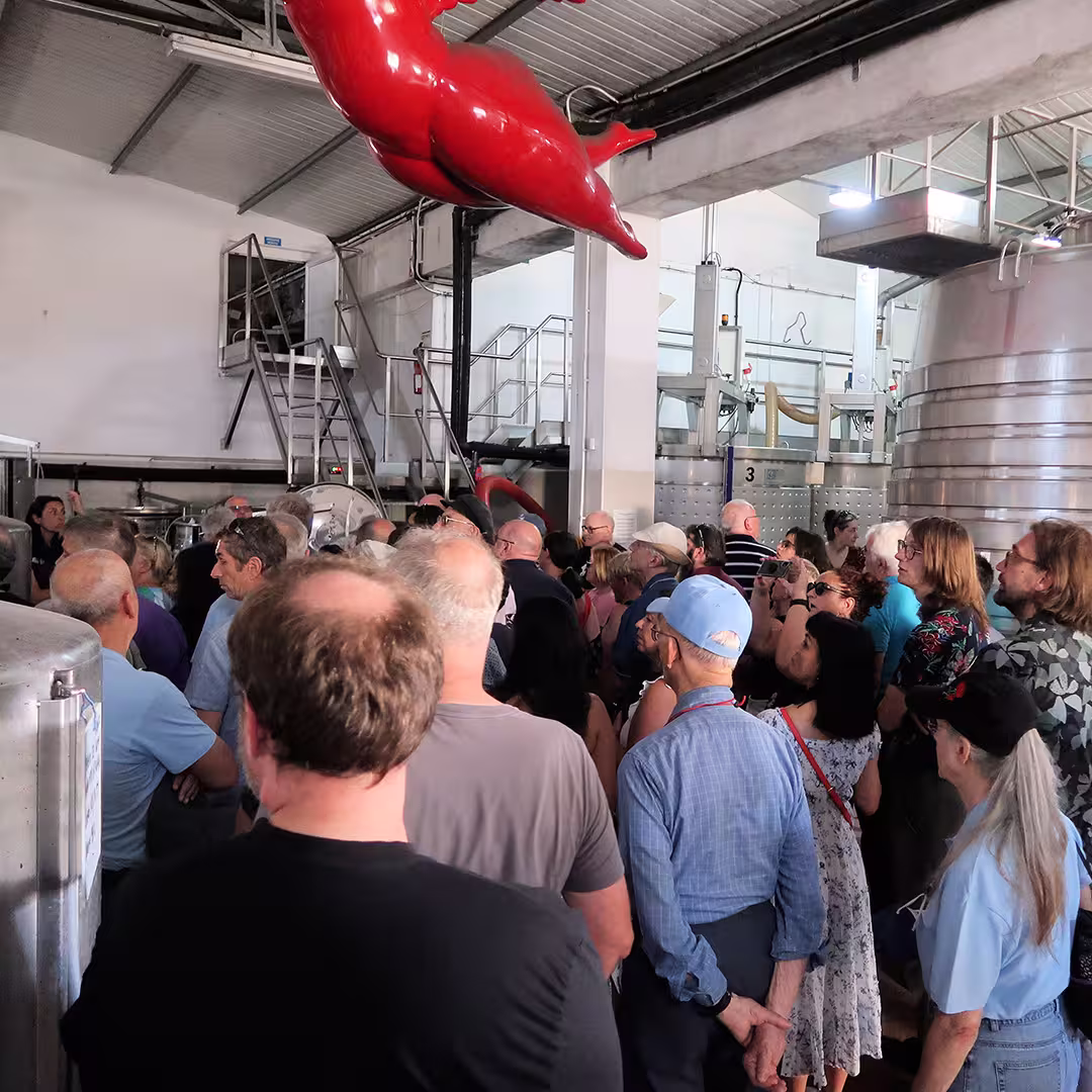 Dyalog '22 delegates tour a winery, gathered around a guide explaining the production process. Large stainless steel fermentation tanks, metal walkways, and industrial equipment fill the background. Above the group, a striking red bull sculpture hangs from the ceiling. The delegates, dressed casually, include men and women of varying ages, some wearing hats and carrying bags. The setting is bright, with natural light streaming in from windows.